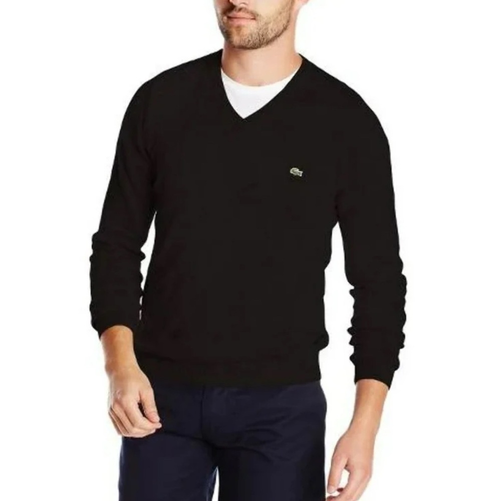 Lacoste Mens Black Long Sleeve Regular Fit V-neck Cotton Sweater Size XL